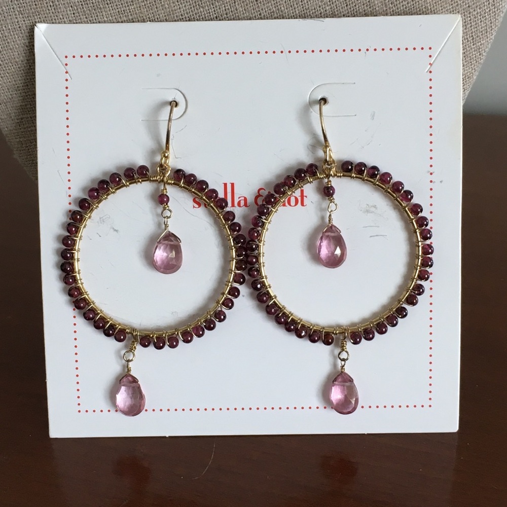STELLA & DOT Stone Wrapped Hoop Earrings Garnet